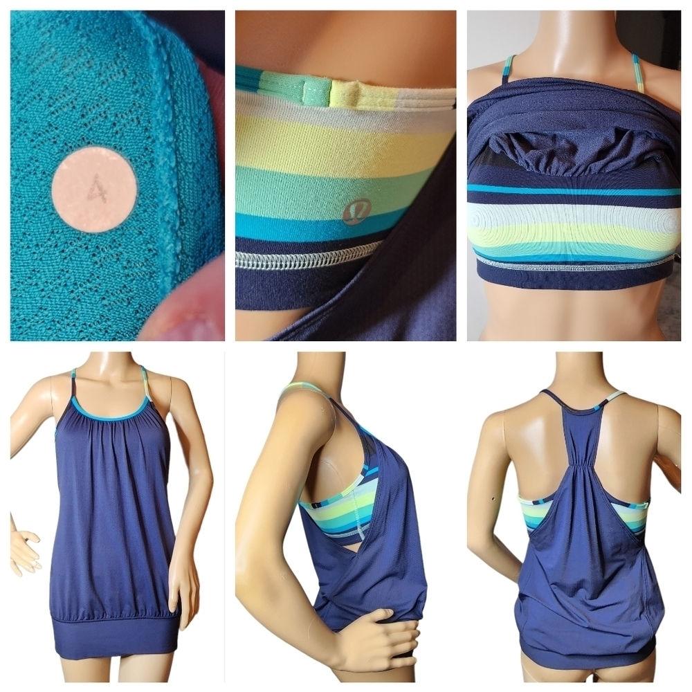 Lululemon No limit tank in navy, blue, green yellow,  white stripe.